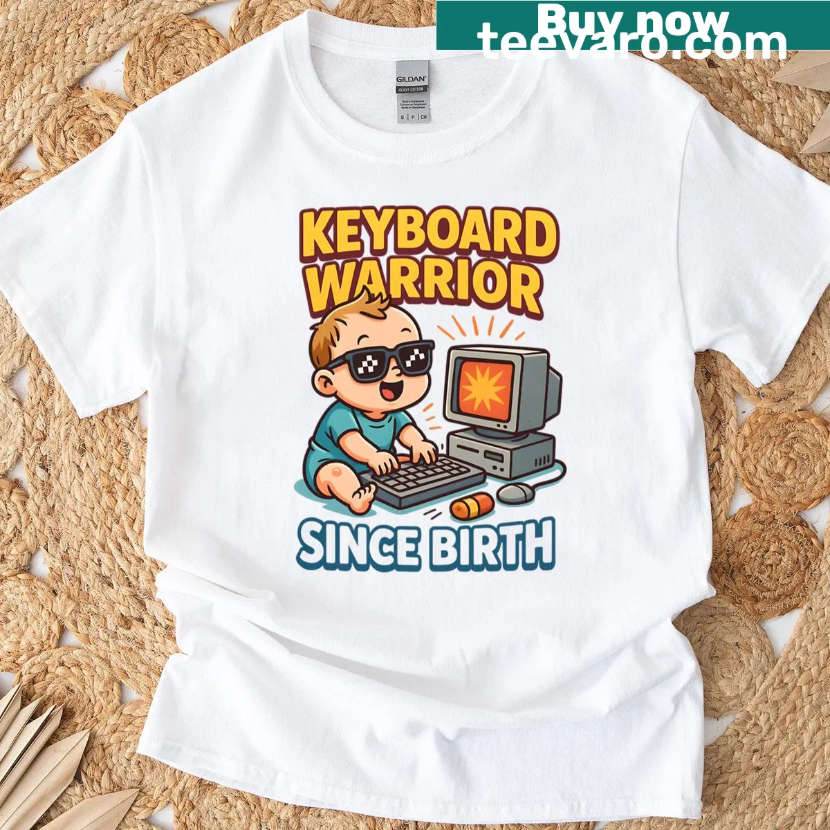 Baby-themed 'Keyboard Warrior' meme t-shirt design — on a men's t-shirt