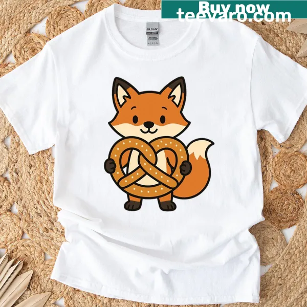 Cartoon fox holding a pretzel on a playful oversized t-shirt