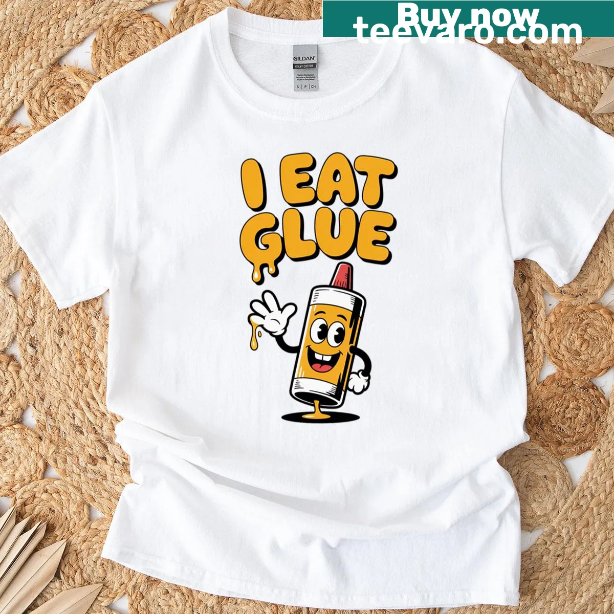 Cartoon glue bottle t-shirt with 'I Eat Glue' text design — on a men's t-shirt
