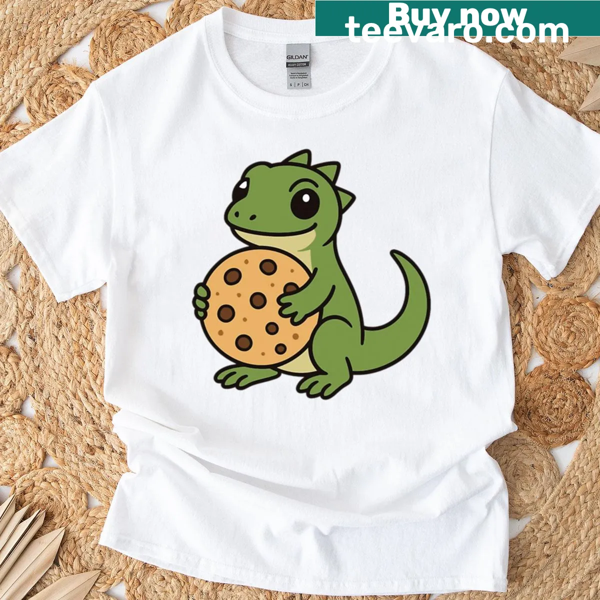 Cartoon lizard holding a giant cookie in playful design — on a men's t-shirt