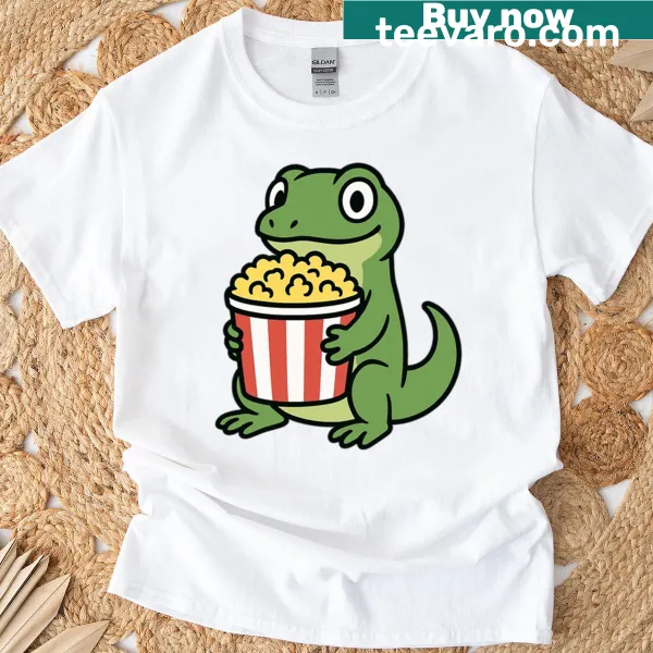 Cartoon lizard holding a popcorn bucket with a playful expression