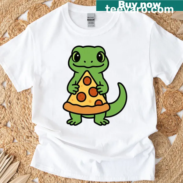 Cartoon lizard holding a slice of pizza in a humorous design