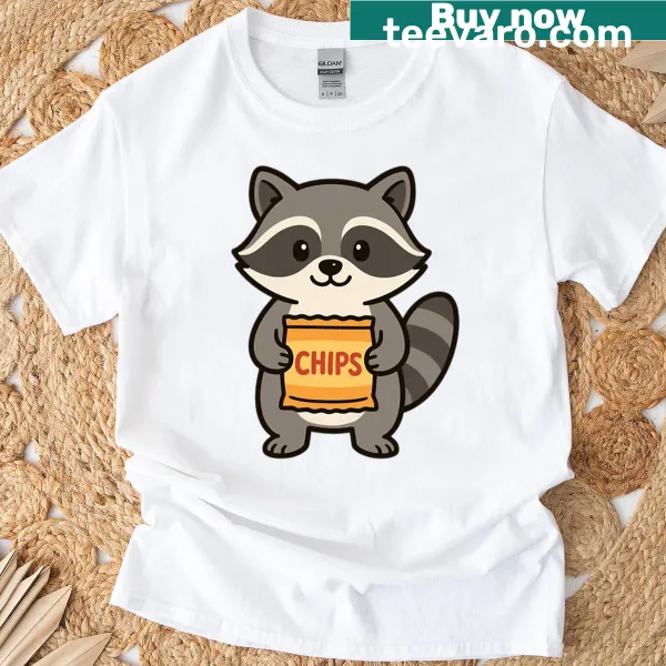 Cartoon raccoon with a bag of chips in a humorous design
