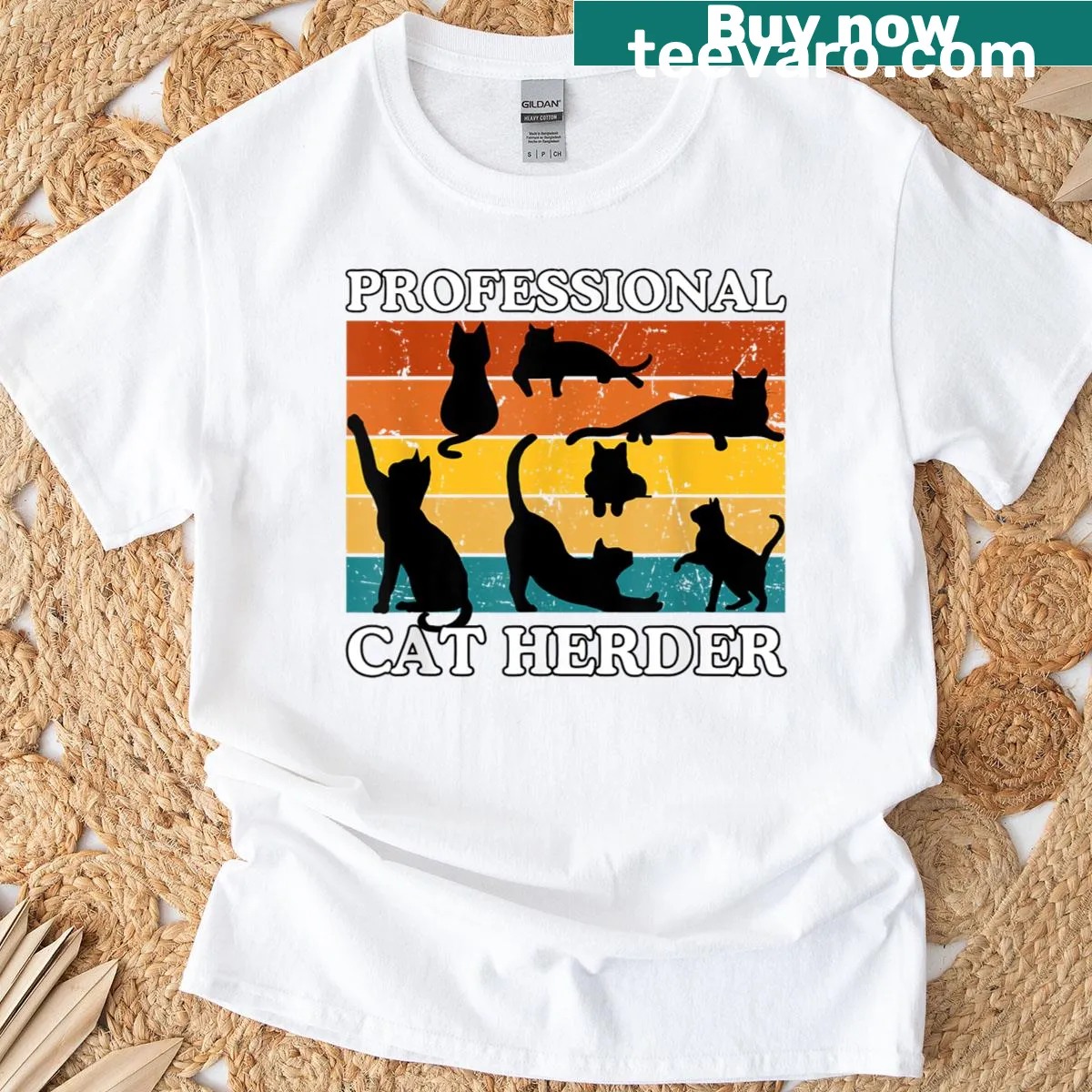 Humorous text shirt declaring a cat as the team leader at work — on a men's t-shirt