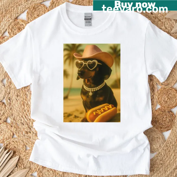 Cowboy dachshund holding a hot dog graphic T-shirt