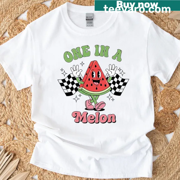 Retro watermelon design with 'One In A Melon' text on a t-shirt