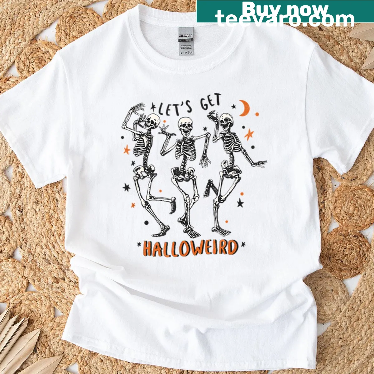 Dancing skeletons with the pun 'Let's Get Halloweird' — on a men's t-shirt