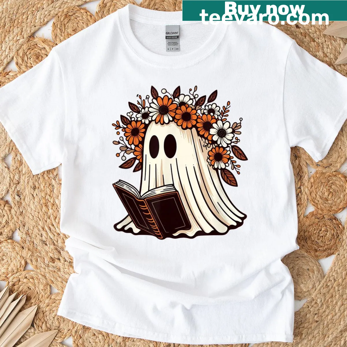 Ghost reading a book with 'Boo' slogan in a fun design — on a men's t-shirt