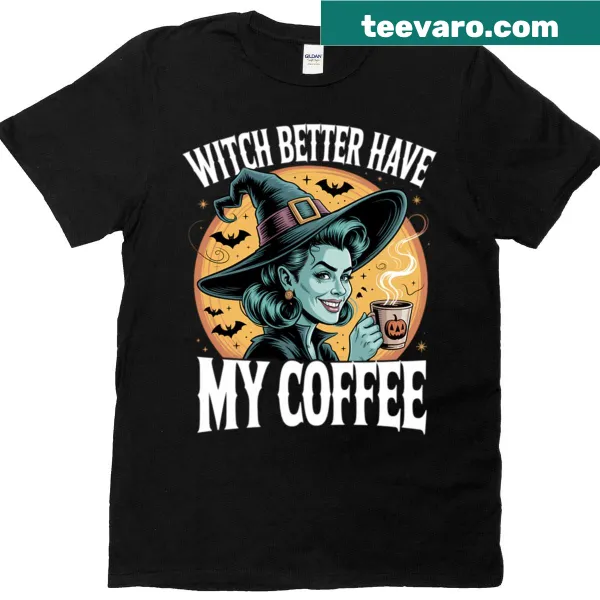 Funny Halloween T-shirt with coffee meme for women