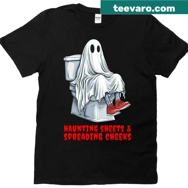 Cartoon ghost on toilet graphic t-shirt