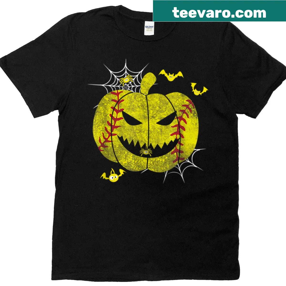 Funny Halloween-themed softball player graphic T-shirt — on a men's t-shirt