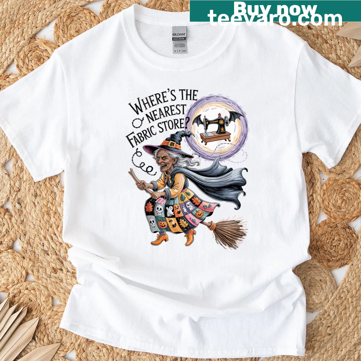 Whimsical witch and sewing supplies graphic tee — on a men's t-shirt