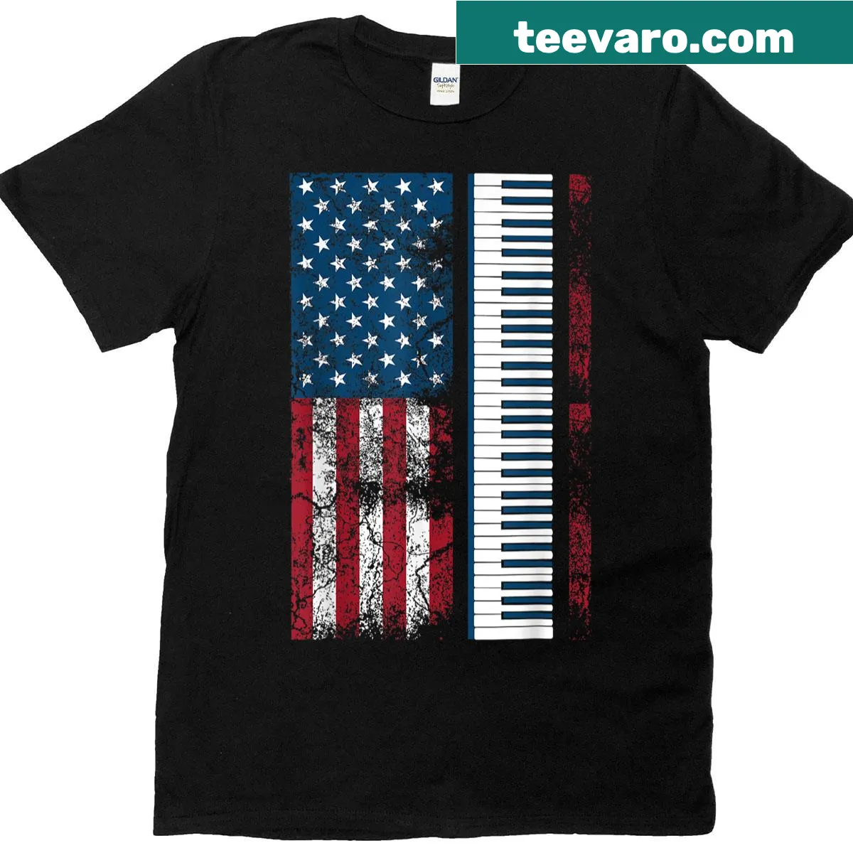 Humorous T-shirt for piano lovers with playful piano graphics — on a men's t-shirt