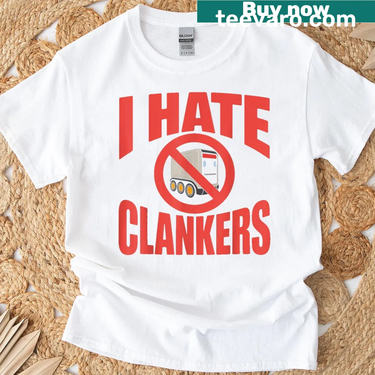 Humorous T-shirt with anti-AI clankers message — on a men's t-shirt