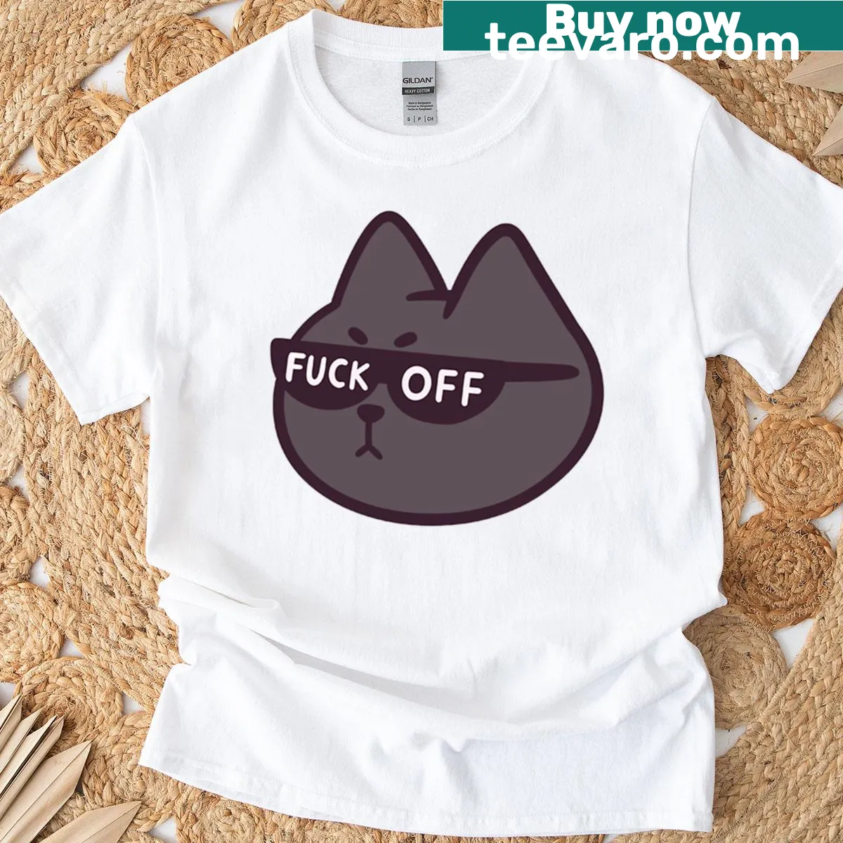 Cartoon cat with sunglasses meme T-shirt — on a men's t-shirt