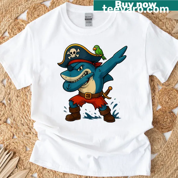 Kids T-shirt featuring a funny dabbing shark pirate graphic