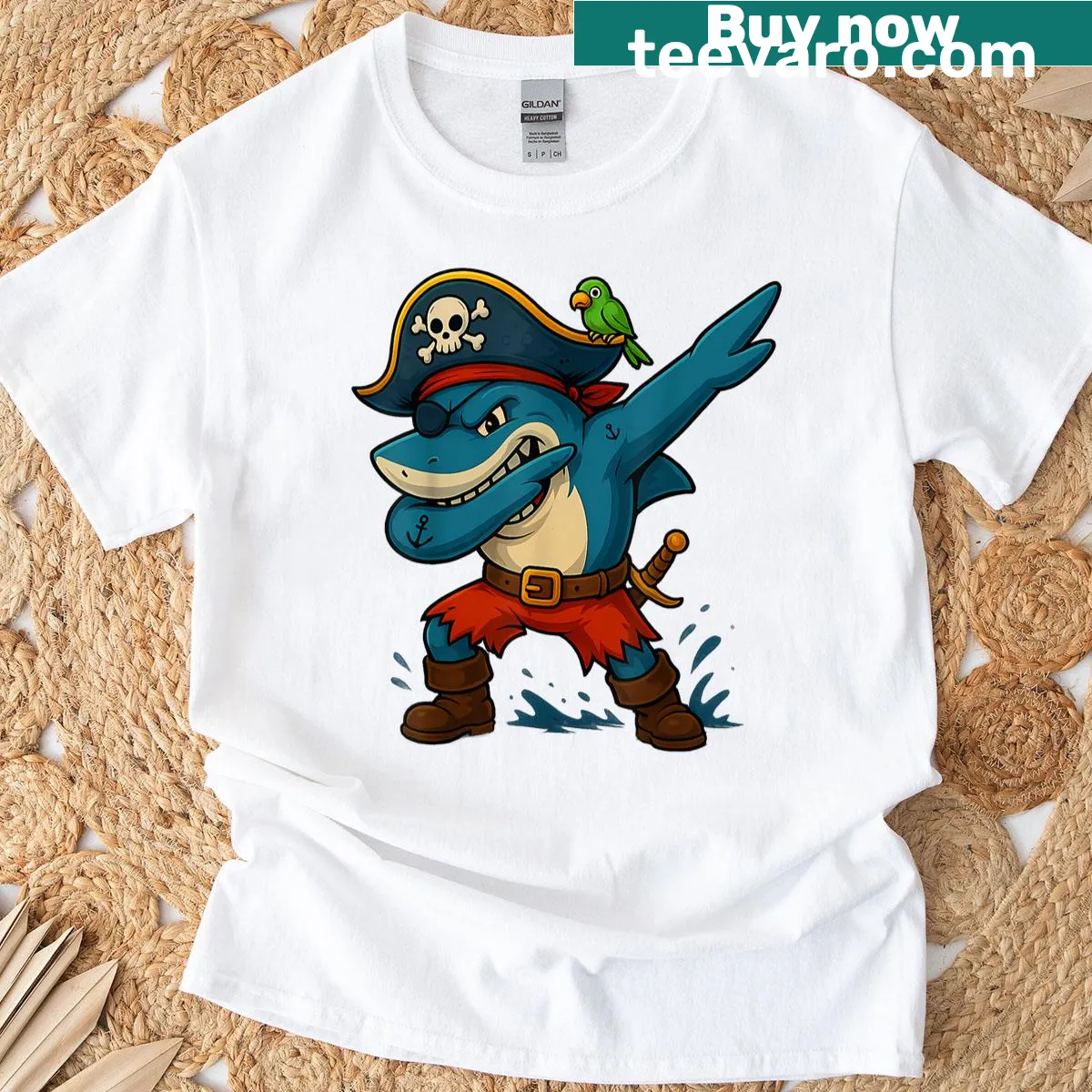 Kids T-shirt featuring a funny dabbing shark pirate graphic — on a men's t-shirt