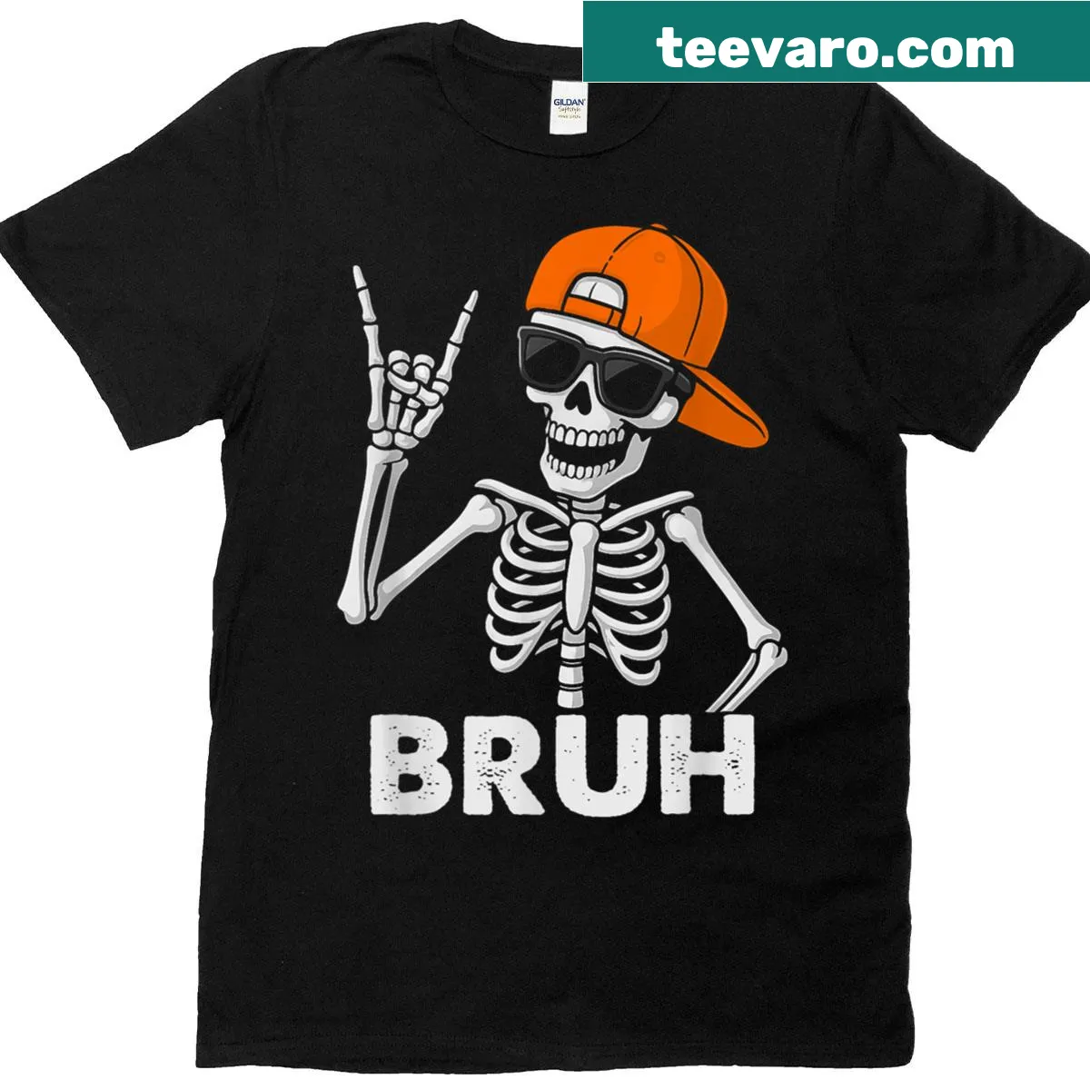 Funny T-shirt with a cartoon skeleton and 'Bruh' text for Halloween — on a men's t-shirt