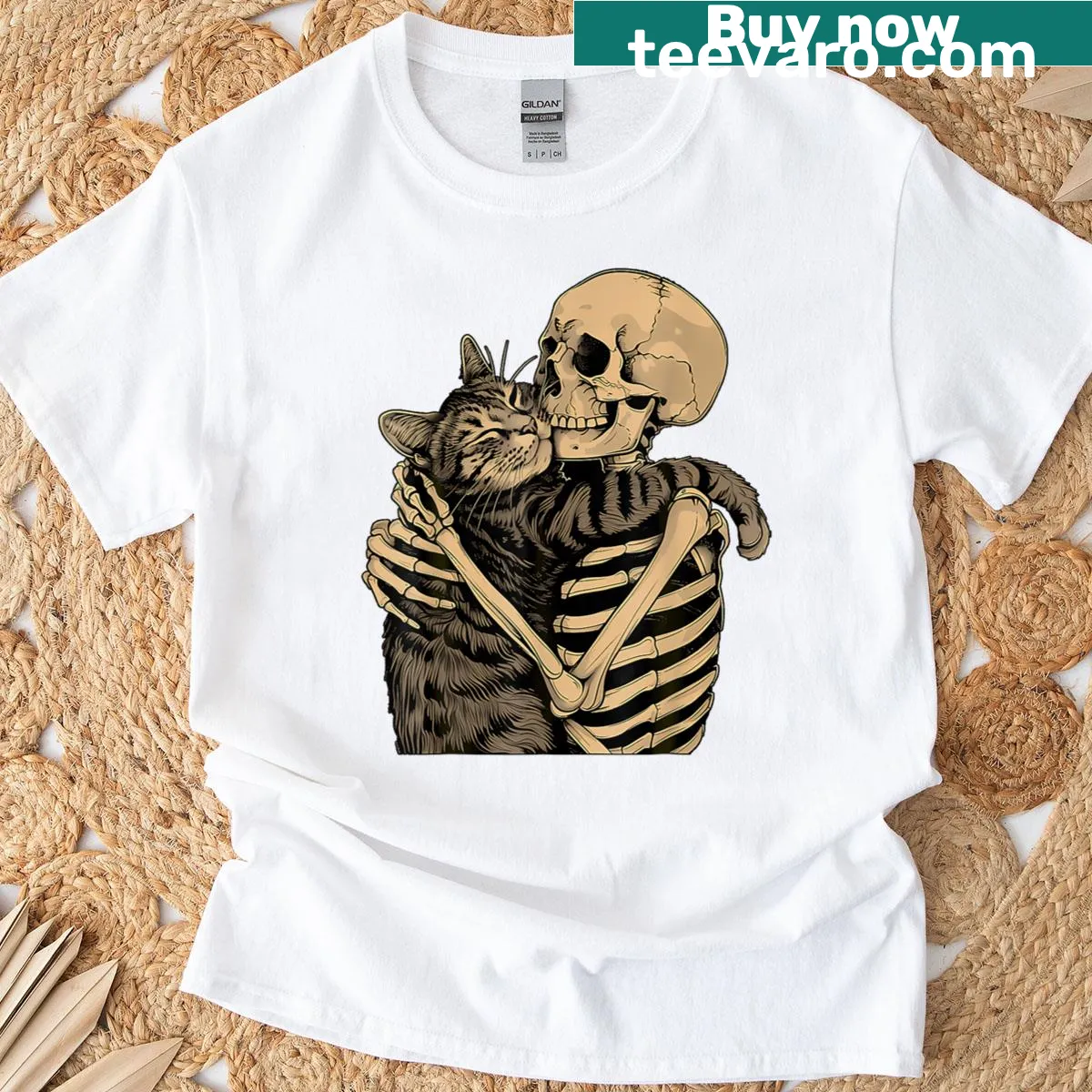 Halloween T-shirt with a skeleton hugging a cat illustration — on a men's t-shirt