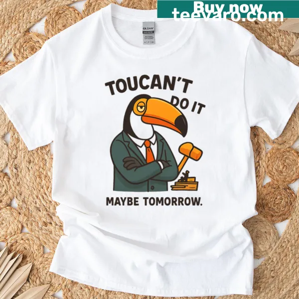 Cartoon toucan t-shirt with a humorous procrastination message