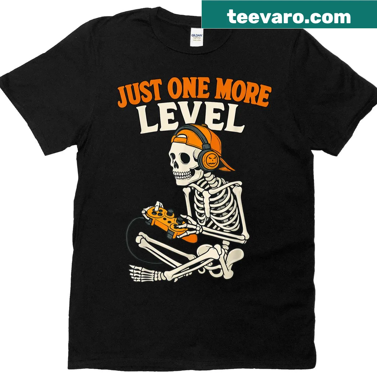Halloween-themed T-shirt featuring a skeleton gamer in costume — on a men's t-shirt