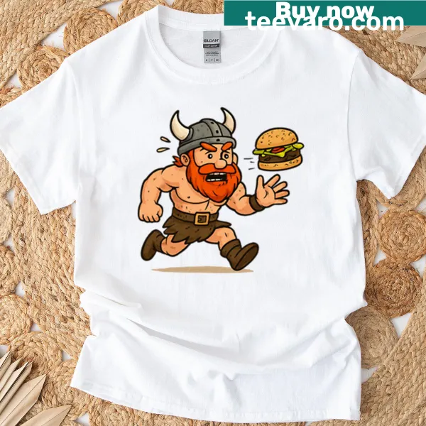 Viking chasing a burger in a humorous fitness illustration on a t-shirt