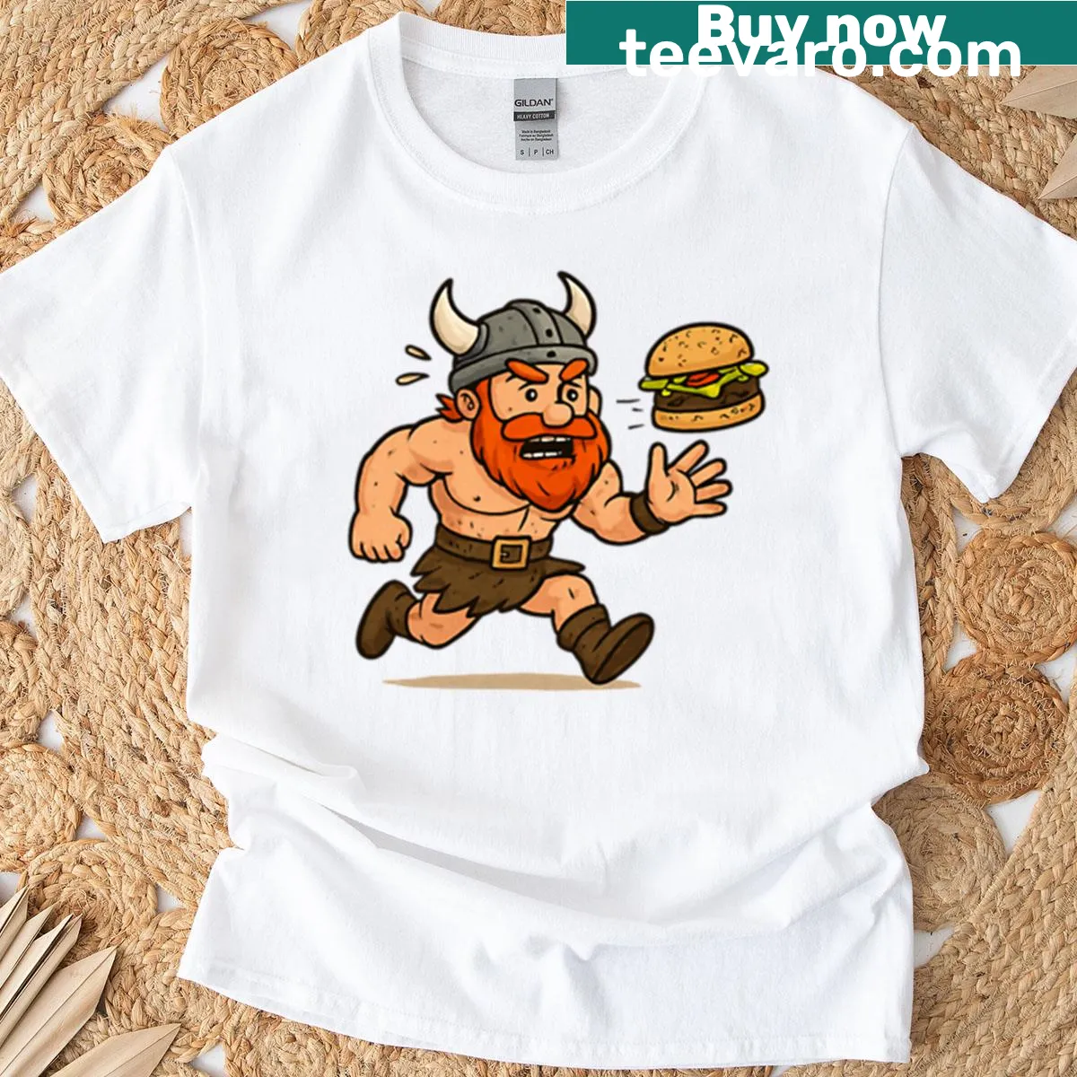 Viking chasing a burger in a humorous fitness illustration on a t-shirt — on a men's t-shirt