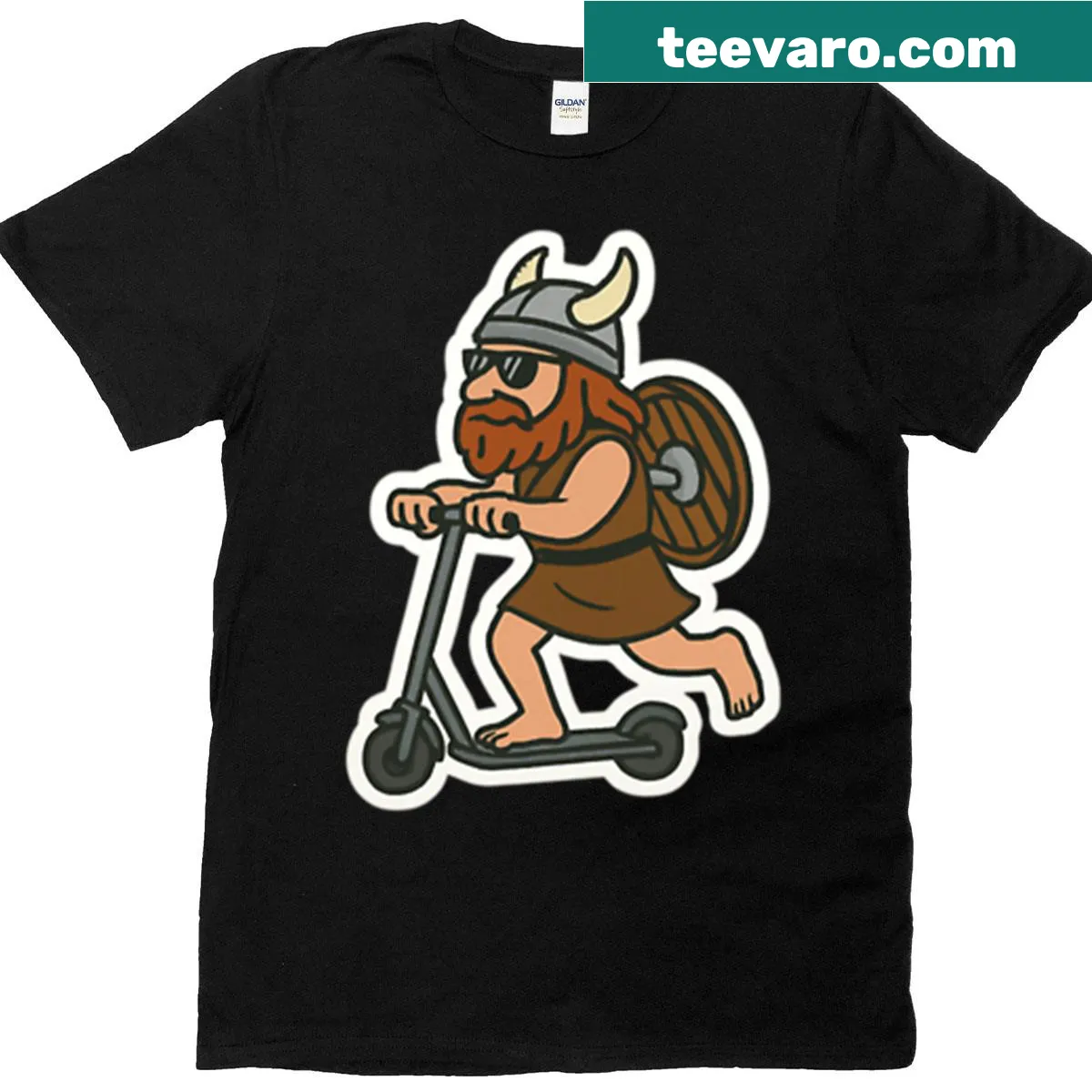 Cartoon Viking riding a scooter graphic on oversized t-shirt — on a men's t-shirt