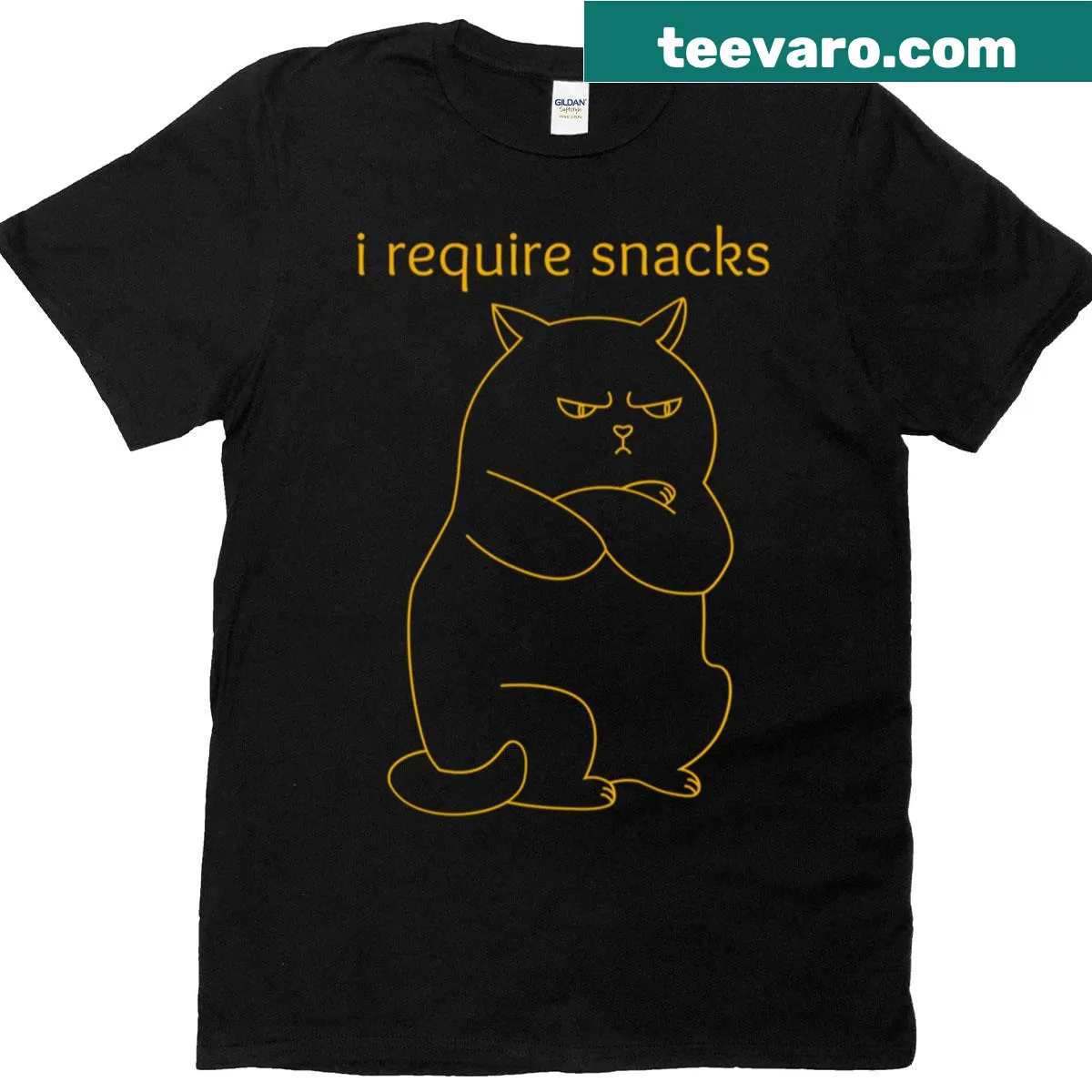 Kawaii cat demanding snacks graphic on oversized T-shirt — on a men's t-shirt