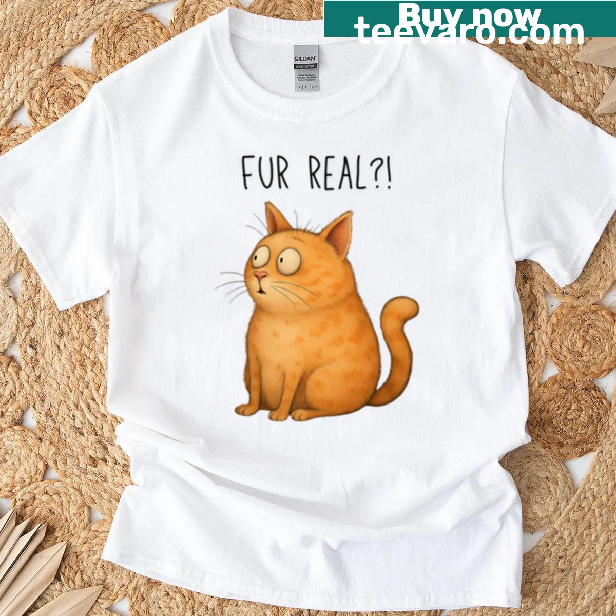Surprised orange cat funny t-shirt design — on a men's t-shirt