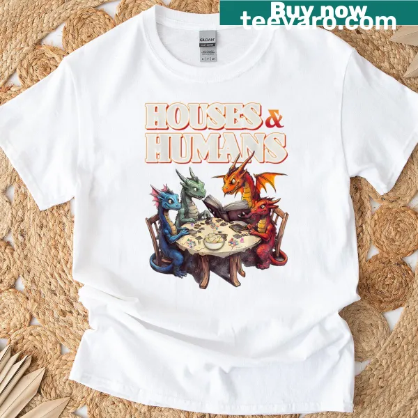 Funny RPG parody T-shirt featuring whimsical gaming houses illustration