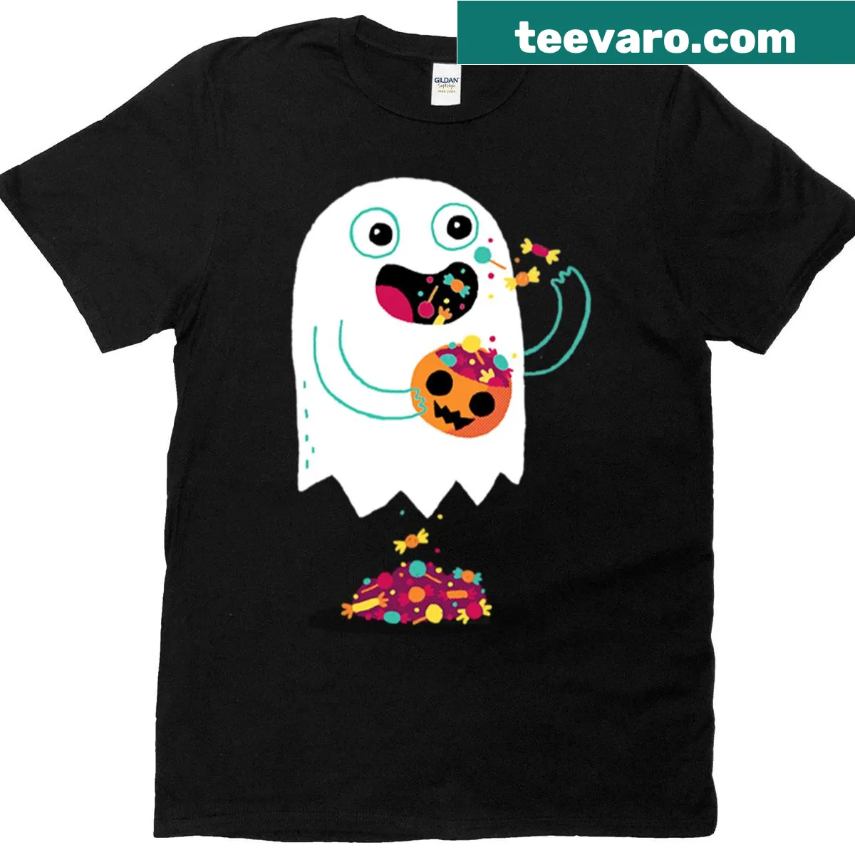 Playful ghost with candy design on T-shirt — on a men's t-shirt