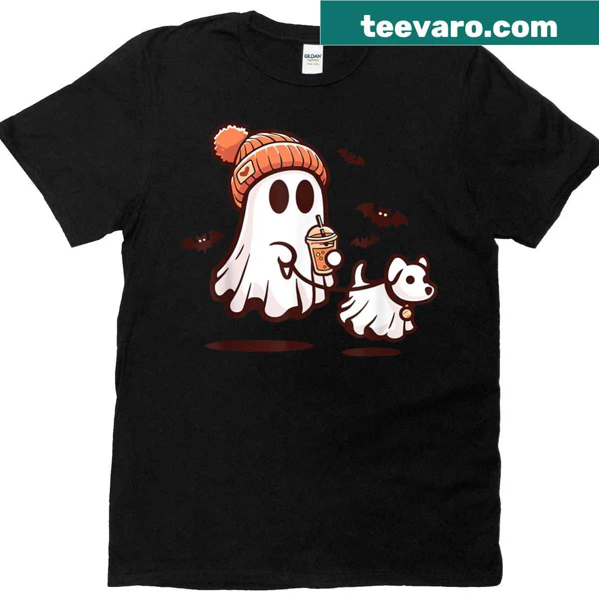 Charming ghost walking a dog illustration for Halloween T-shirt — on a men's t-shirt