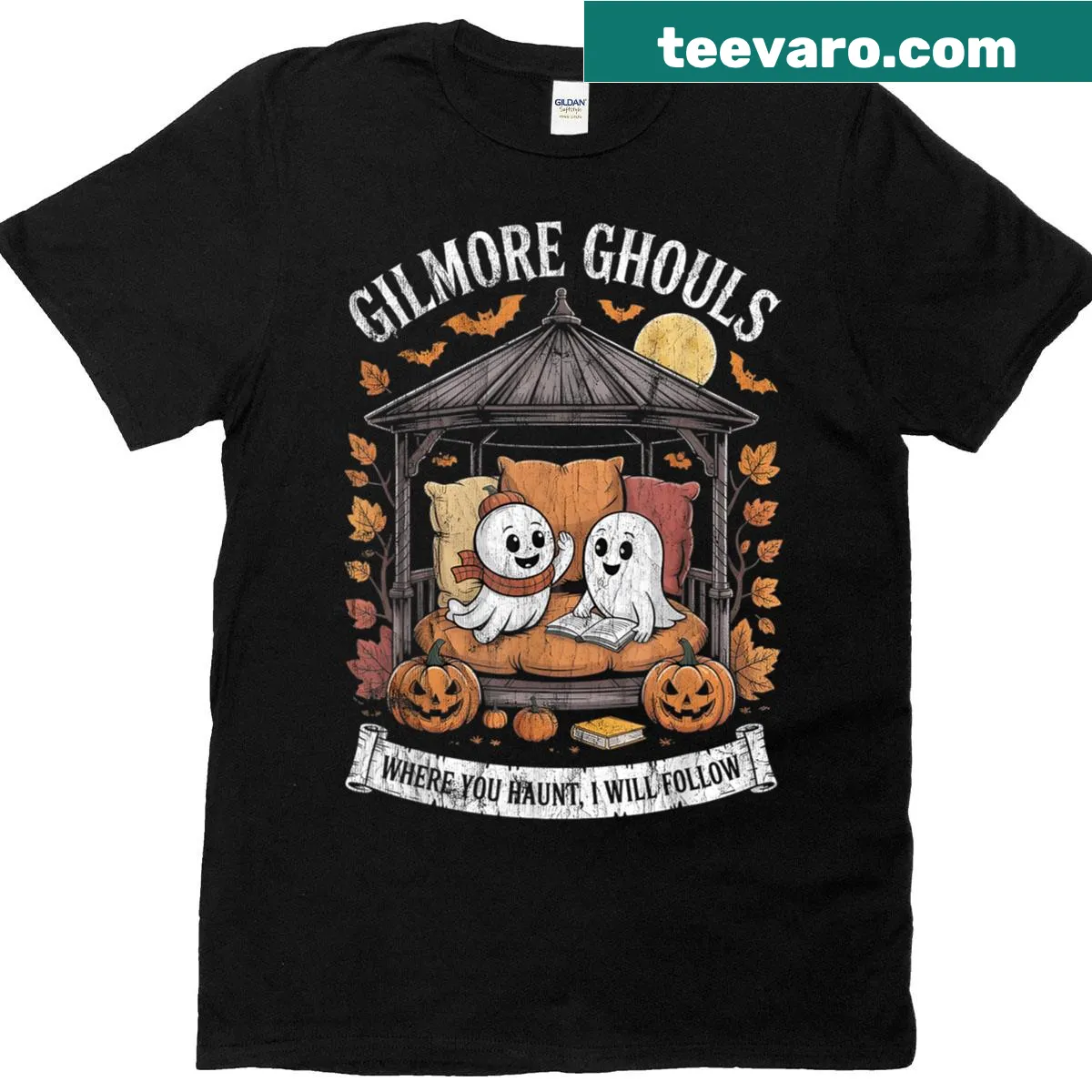 Ghost-themed design with text 'Where You Haunt I Will Follow' on T-shirt — on a men's t-shirt