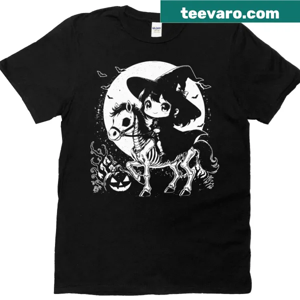 Cute witch riding a horse skeleton graphic t-shirt