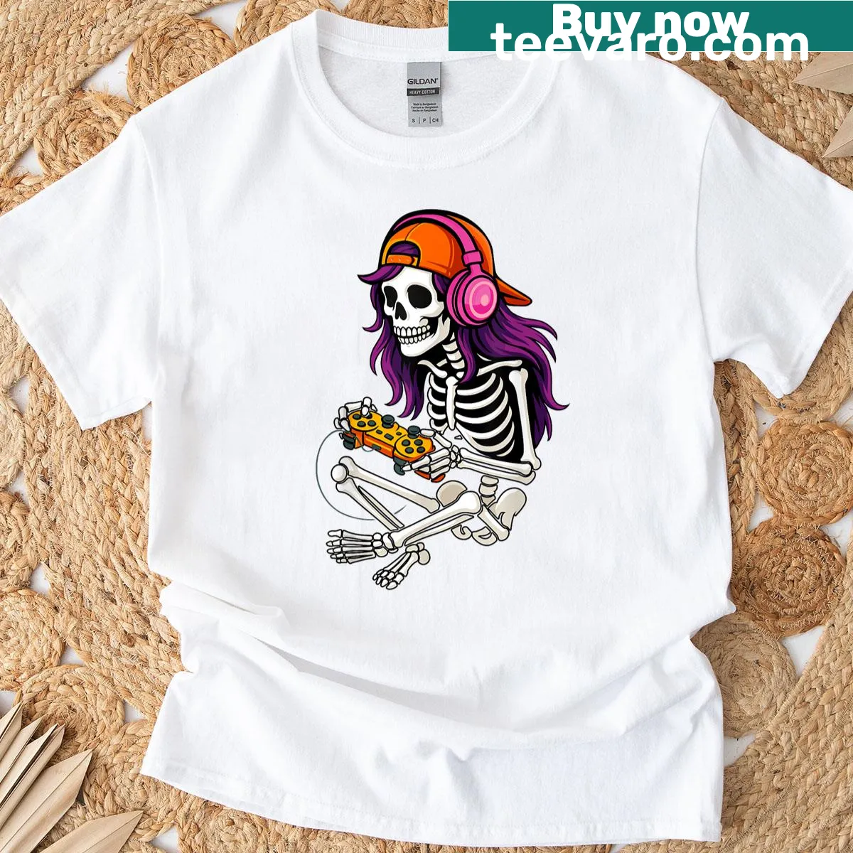 Skeleton gamer design for girls celebrating Halloween — on a men's t-shirt