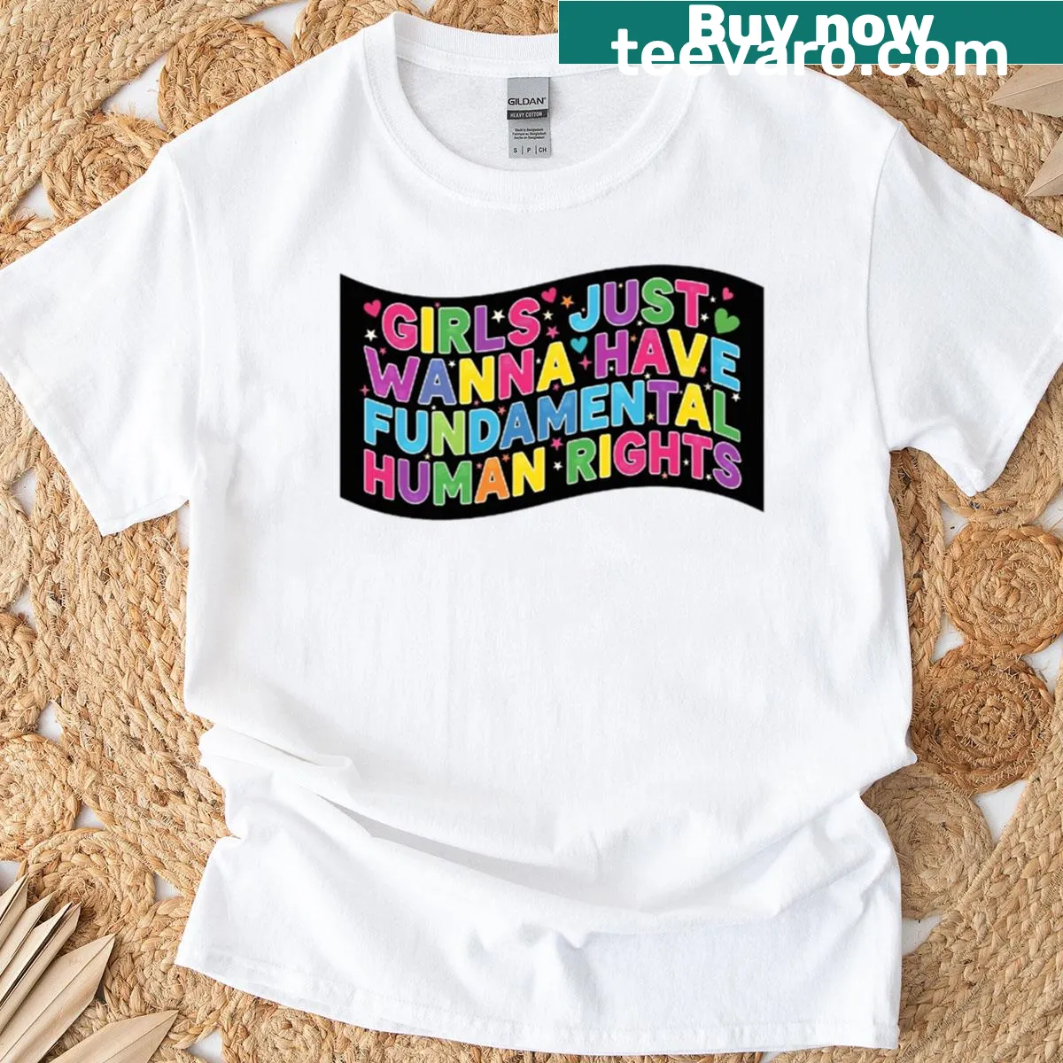 T-shirt featuring typography advocating for human rights for women. — on a men's t-shirt