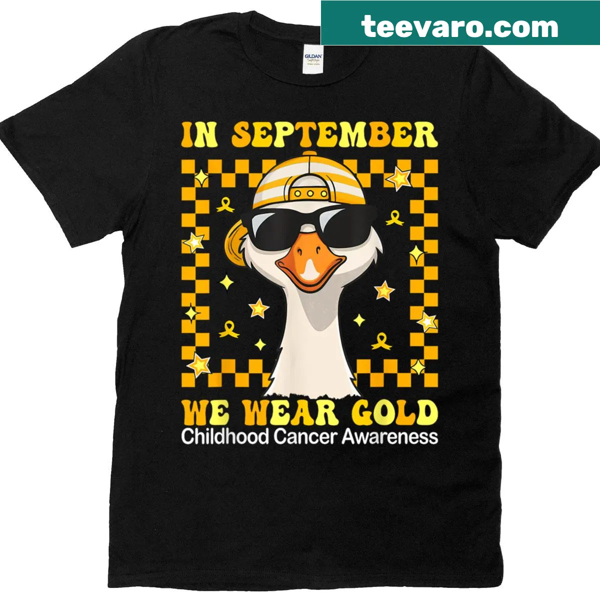 T-shirt with a goose graphic and message for childhood cancer awareness — on a men's t-shirt