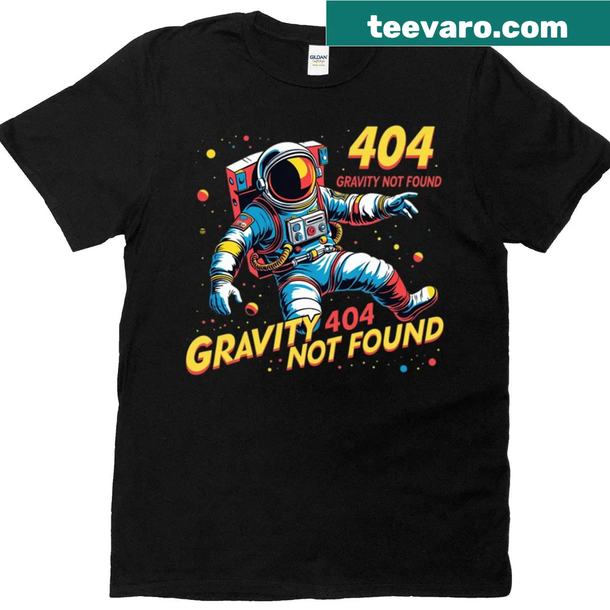 Humorous astronaut t-shirt with 'Gravity 404' text — on a men's t-shirt