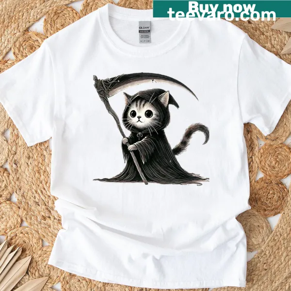 Illustration of a cat dressed as the grim reaper on a T-shirt