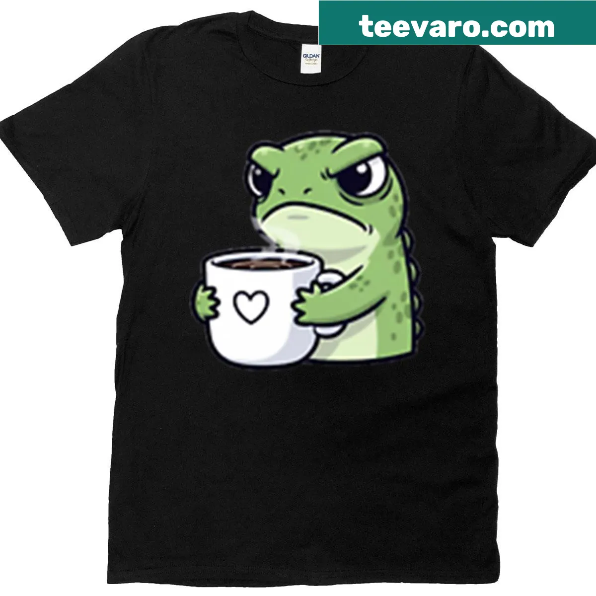 Grumpy lizard graphic demanding coffee on a humorous t-shirt — on a men's t-shirt