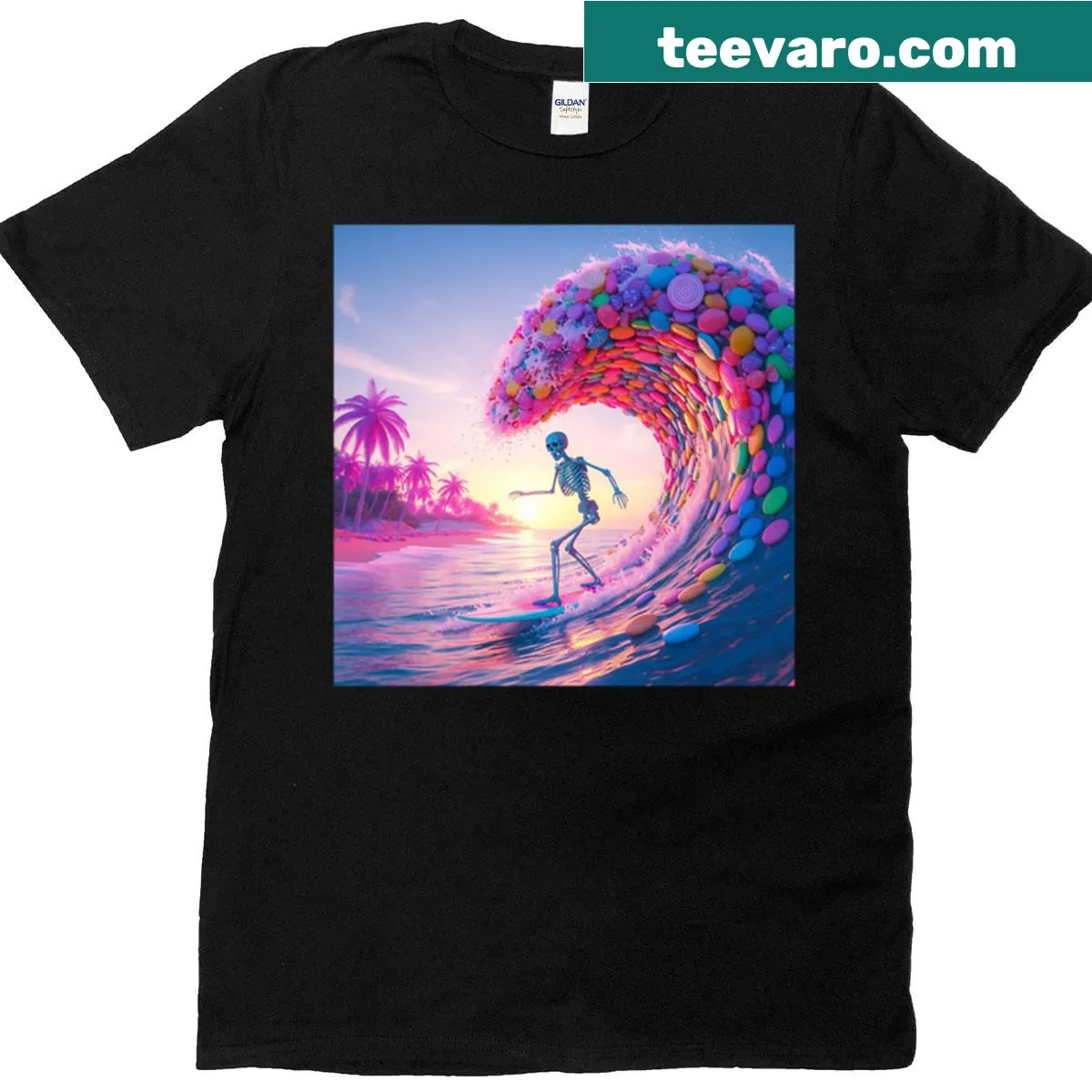 Halloween t-shirt featuring playful candy skull graphic — on a men's t-shirt