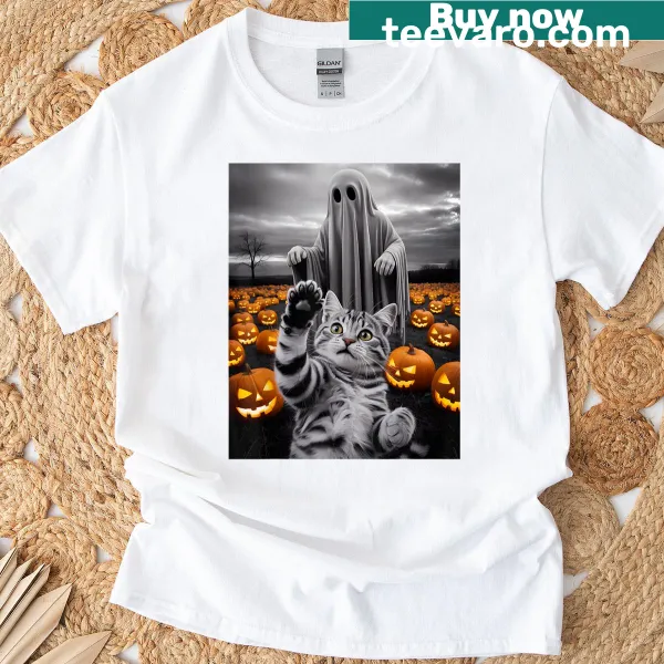 Cute Halloween cat ghost and pumpkin t-shirt for women