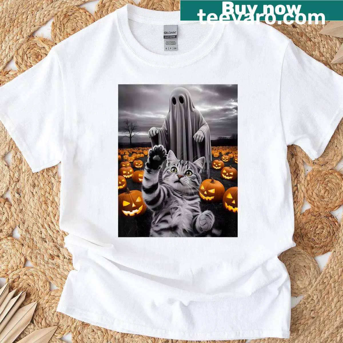 Cute Halloween cat ghost and pumpkin t-shirt for women — on a men's t-shirt