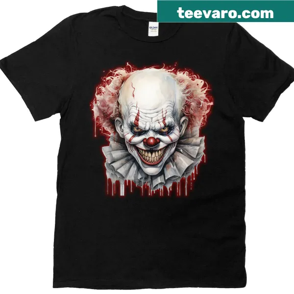 Playful clown illustration on Halloween-themed t-shirt
