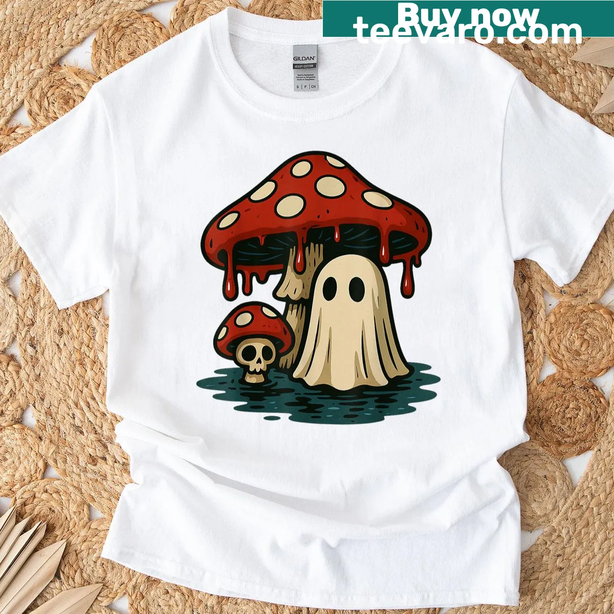 Spooky ghost mushroom skeleton design on a t-shirt — on a men's t-shirt