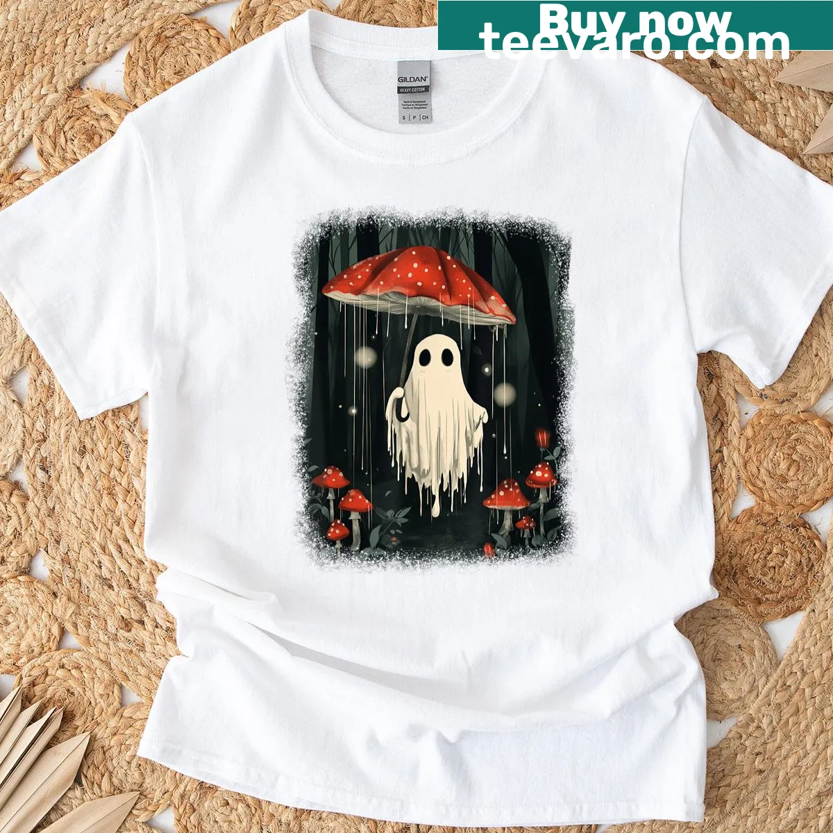 Spooky Halloween T-shirt featuring a ghost and mushroom design — on a men's t-shirt