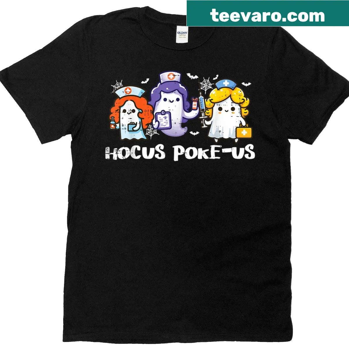 Ghost nurse graphic T-shirt with Hocus Poke Us text for Halloween — on a men's t-shirt