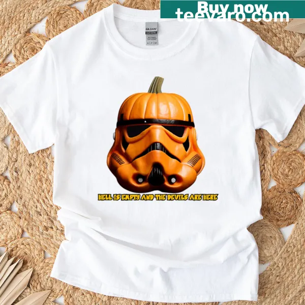 Pumpkin stormtrooper graphic on Halloween t-shirt