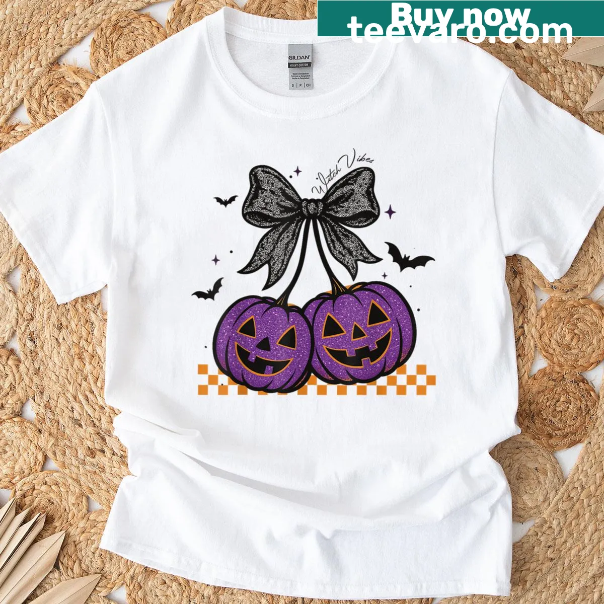 Cute Halloween T-shirt featuring pumpkins, cherries, and a bow design — on a men's t-shirt